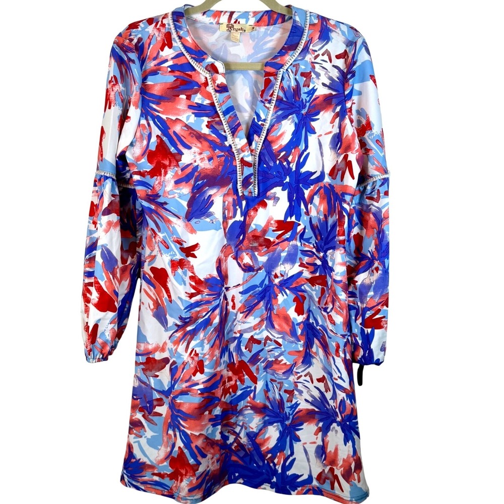 Aryeh Blue Red Floral UPF protection Medium Cover up Dress Fringe long sleeve